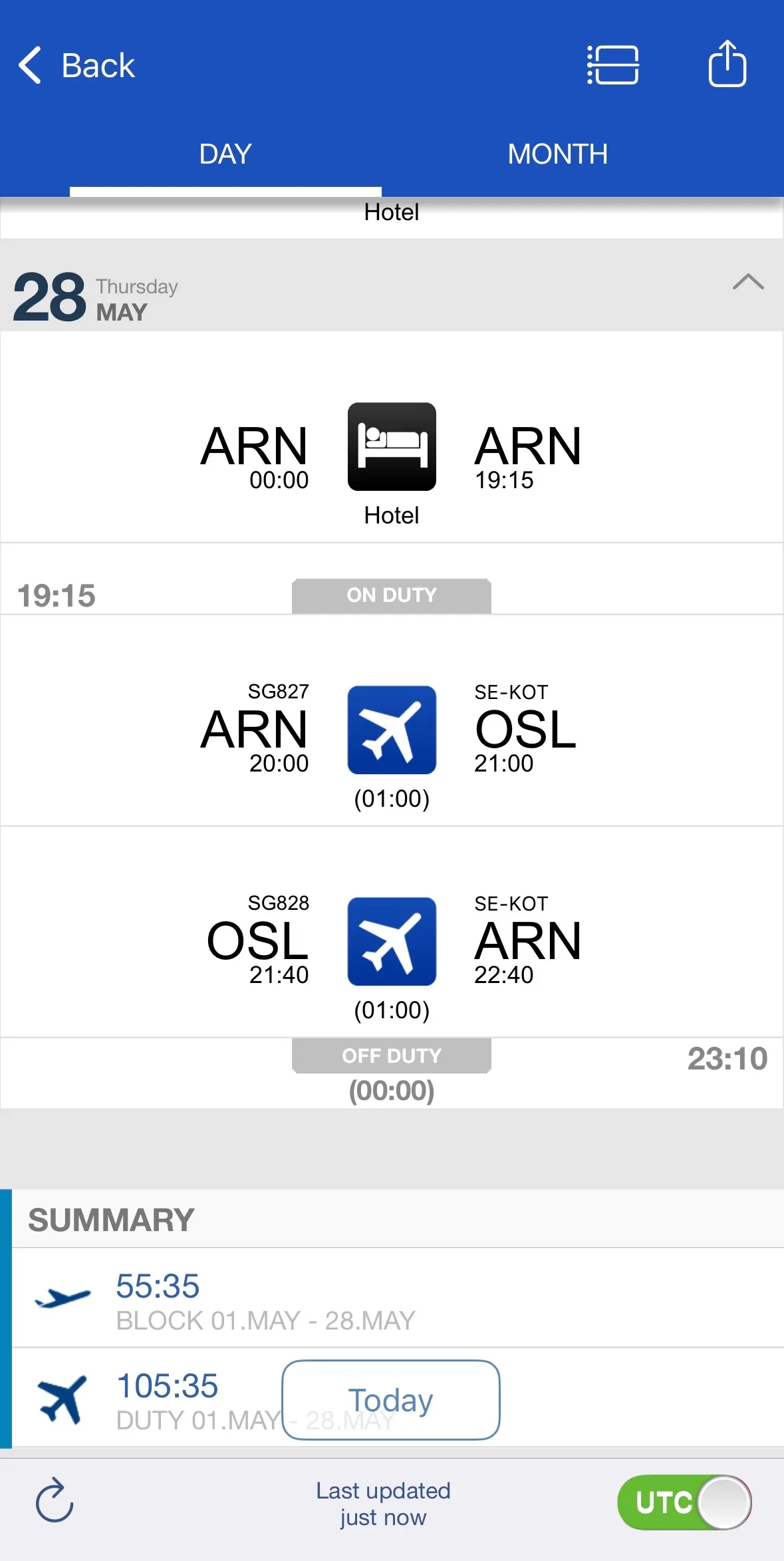 CrewApp mobile roster view showing duty, flight sectors, and summary information.