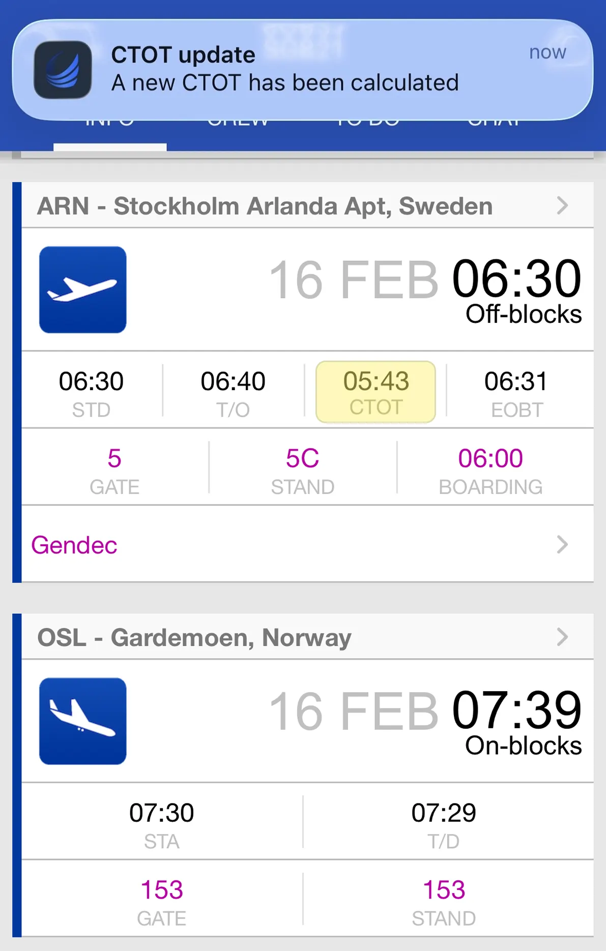 CrewApp-Mobile CTOT update view