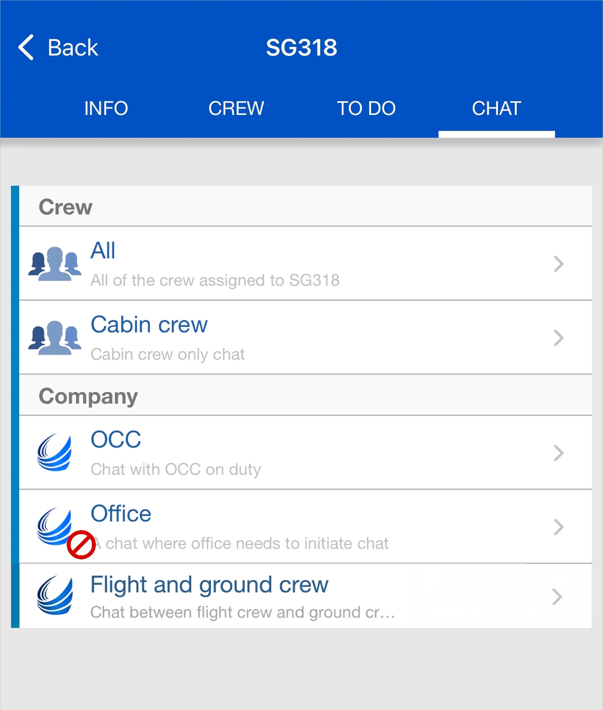 CrewApp-Mobile chat channels view