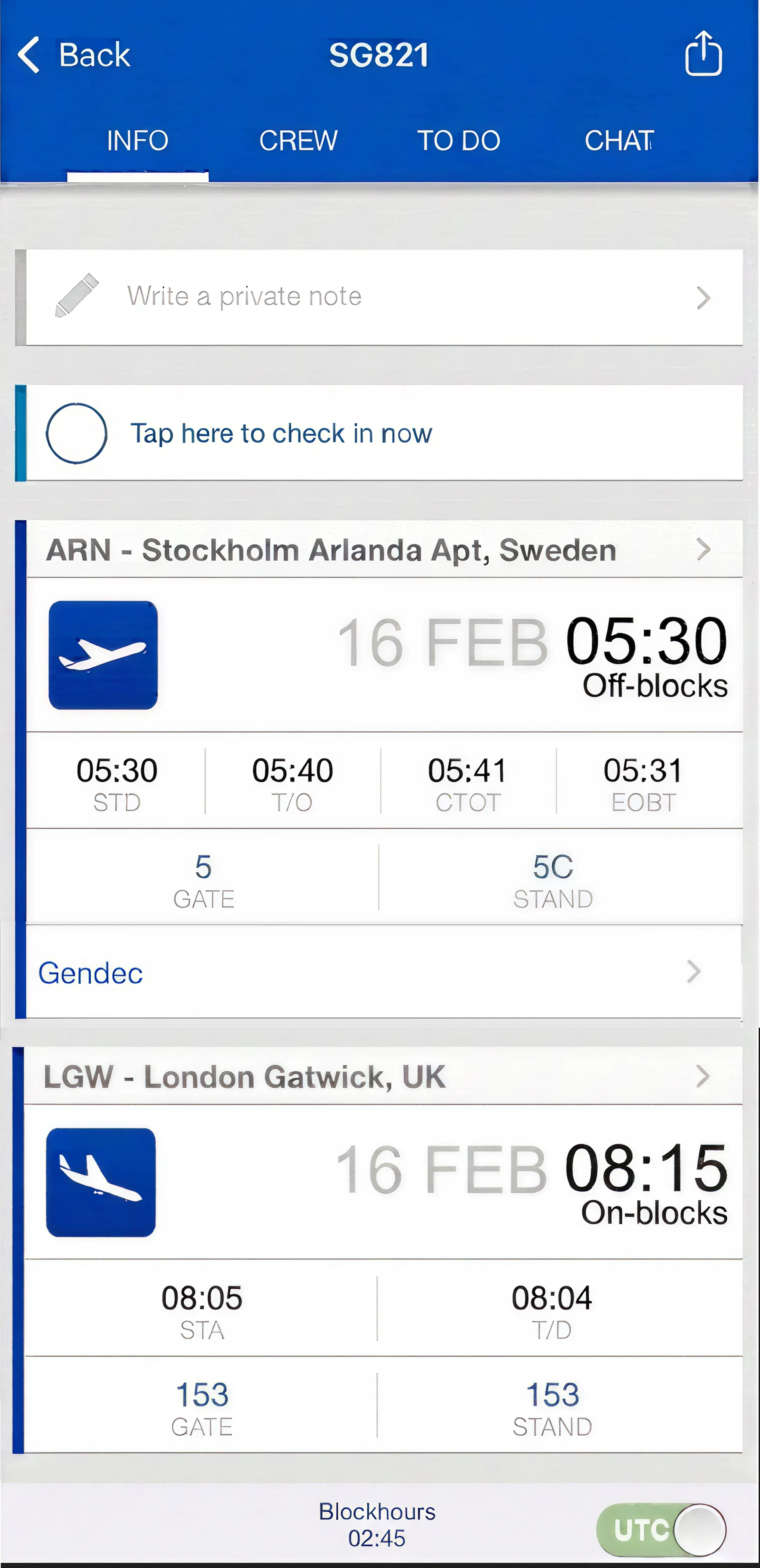 CrewApp-Mobile flight information view